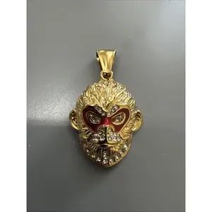 Gold Tone Monkey King Pendant Cubic Zirconia Stainless Steel 24” Chain Unisex