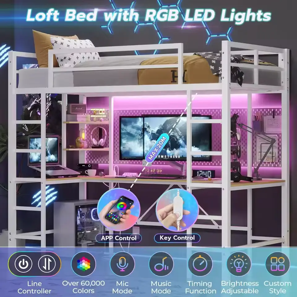 White Twin-Size USB Charging Bunk Bed Desk Combo