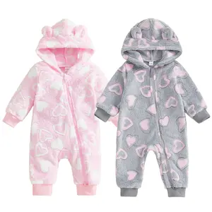 Newborn Baby Girls Valentines Bear Heart Hoodie Romper Zipper Jumpsuit Onesie Bodysuit Outfit Long Sleeve Snowsuit Warm Outwear
