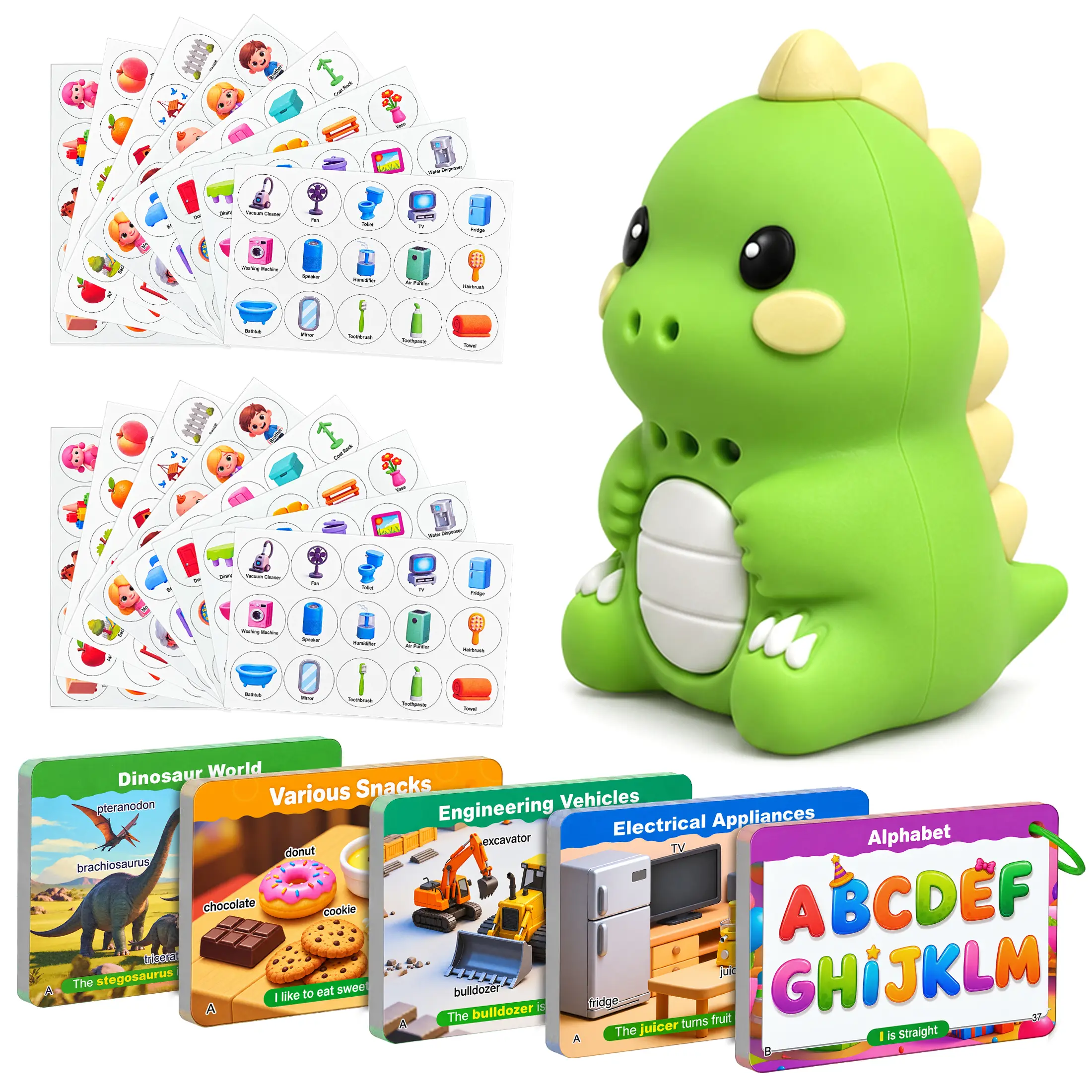 FHXIUA Dinosaur Talking Flash Cards with 2 Sets of 16 Stickers, Dino Speech Toy for Toddlers Autistic Kids Non Verbal Learners Friendly, Teach Independence, Rechargeable, American Accent, Phonics, Speech Therapy