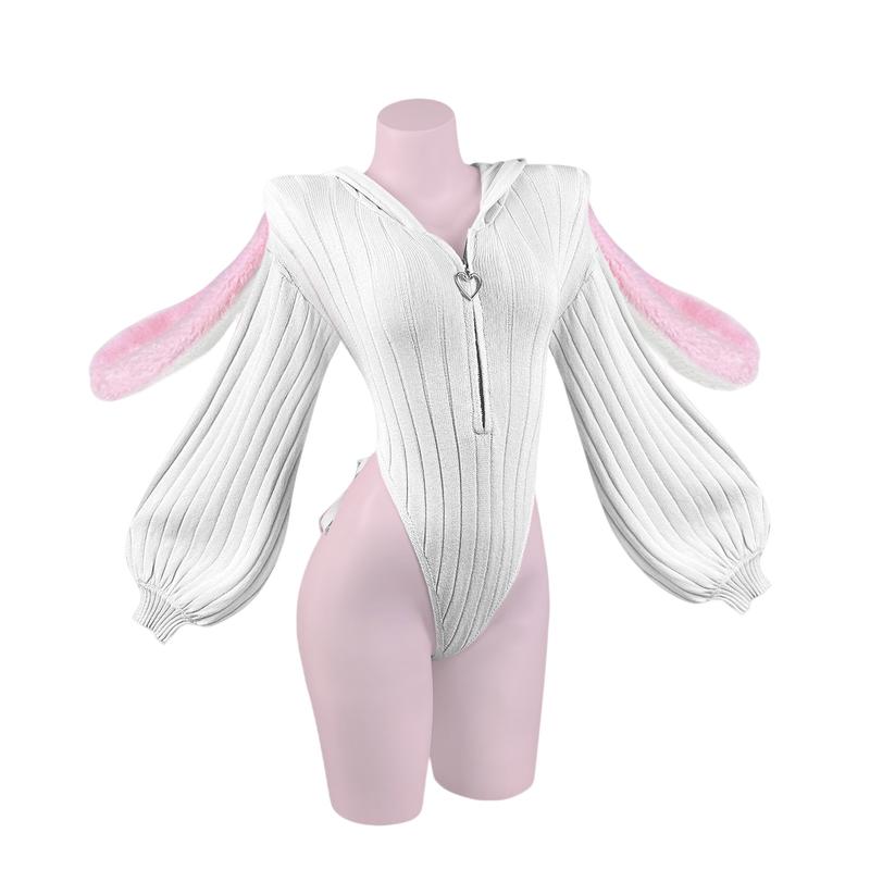 KORURACLUB Valentine's Day Cosplay Sexy Bunny Outfit 3-Piece Set Ruched Waist Corset Black Fabric Women's Cute Everyday Fuzzy Bunny Bodysuit