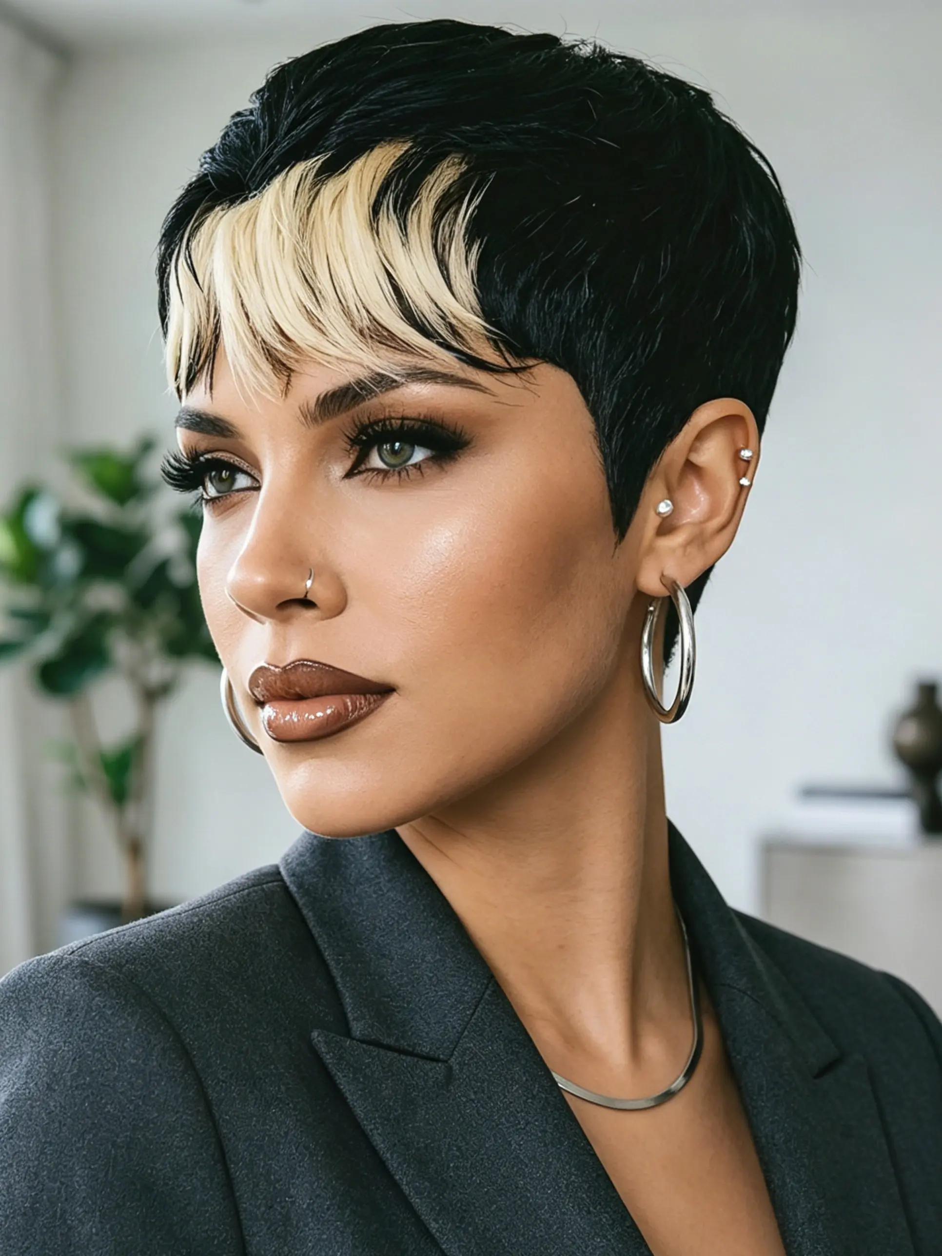 1B/613 Highlight Wig, Short Straight Pixie Cut Human Hair Wig With Bangs, Full Machine Made Natural Scalp Wig for Ladies Daily Wear, Pixie Cut Wigs