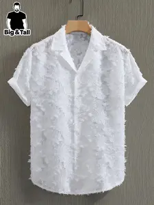 Men's Plus Size Short Sleeve Casual Solid Embroidered Blazer Shirt, Summer Button Up, Fashionable Versatile Top, Beach Vacation Wear