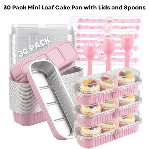 30-Pack Blush Pink Rectangular Aluminum Foil Mini Loaf Pans - Corrosion Resistant, Durable 6.8oz Kitchen Bakeware with Lids & Spoons, Convenient & Easy to Use, Father’s Day/Valentine’s Day Gift for Cakes & Breads, Includes Lid/Spoon, 30 Pans For 30 Dispos
