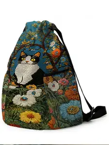 1 piece of flower cat and floral pattern 2D printed drawstring backpack - large capacity durable fitness bag, with adjustable shoulder straps, suitable for both men and women, essential for travel, hiking, camping