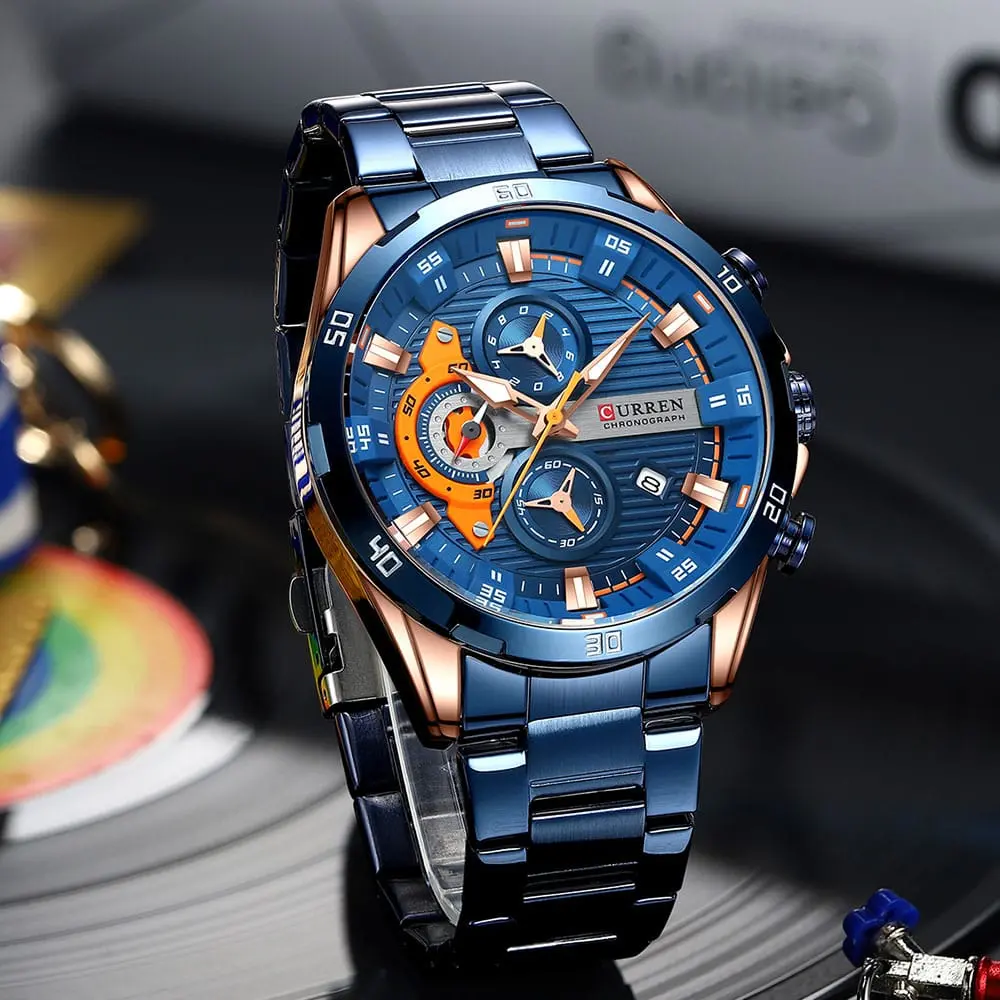 CURREN CR01 Stylish Chronograph Stainless Steel Watch for Men 47mm Round Dial Water Resistant 30m Casual Fashion Quartz Movement