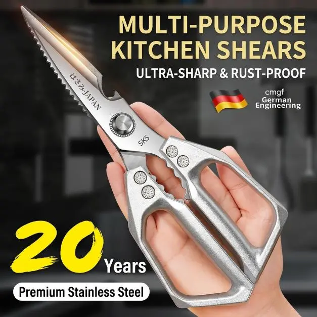 Multi-Use Kitchen Scissors, Single Pair Heavy-Duty Japanese Steel Cooking Shears for Food Prep, Effortlessly Cutting Poultry, Seafood, Vegetables, Herbs, Cooking Prep