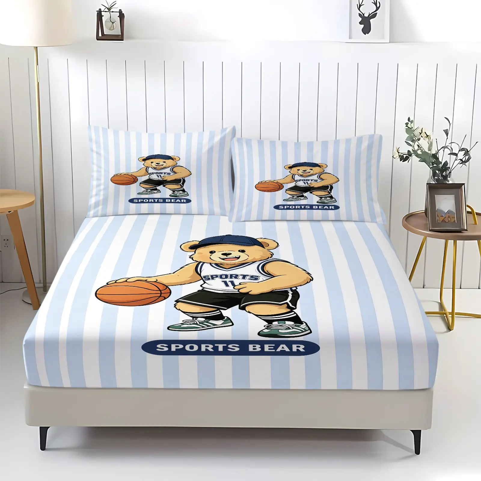 Sports Bear Football Striped Fitted Sheet Set, Bedsheet Set, 1 Fitted Sheet with 2 Pillowcases, Preppy Athletic Bear Bedding for Boys, Teens & Bedroom Decor, Decorative Bedsheet Sets