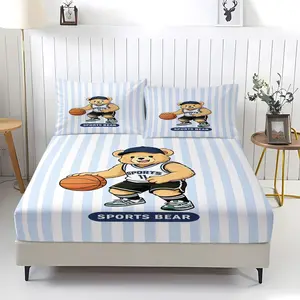 Sports Bear Football Striped Fitted Sheet Set, 1 Fitted Sheet with 2 Pillowcases, Preppy Athletic Bear Bedding for Boys, Teens & Bedroom Decor