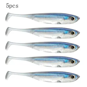 5pcs Paddle-Tail Soft Plastic Swimbaits, Artificial Reflective Wobbler Fishing Lures, Fishing Accessories, Freshwater & Saltwater Soft Plastic Baits Swim Shad Bait Minnow Lures Drop Shot