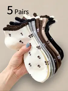 Women's Lace Socks Set of 5, Vintage Tulip Floral Print Low-Cut Ankle Solid Socks, Spring Summer Small Flower Boat Socks, Comfortable Breathable