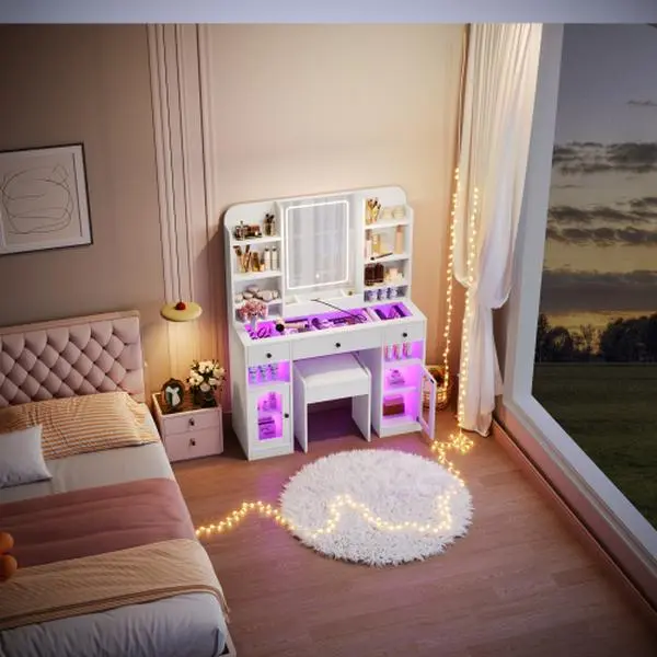 Bellemave 43.2" White Makeup Vanity Desk Set with LED Mirror, Glass Top, RGB Glass Light Cabinets, 3 Drawers, Storage Shelves and Stool for Bedroom