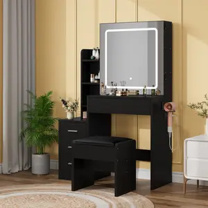 3-Level Adjustable Lighting Sliding Mirror Vanity Set with Stool, Power Outlet, Hairdryer Holder, Storage Cabinet (Open Shelves + 4 Drawers) - White & Black, Perfect for Living Room, Easy Assembly, Medium-Density Fiberboard