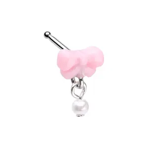 Pink Bow with Dangling Faux Pearl Nose Bone Stud - 316L Stainless Steel