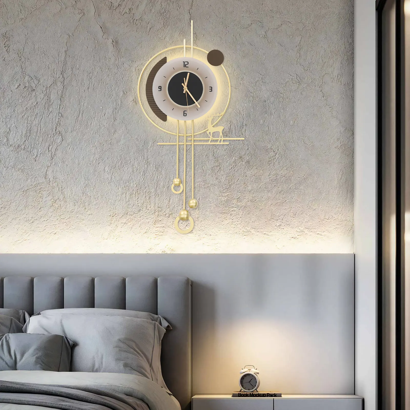 CNCEST Luxury Gold Metal Wall-Mount LED Illuminated Acrylic Clock - Round Modern Decorative, Deer Motif, Warm White LED Display, Battery-Powered Home Decor, Room Accessories for Living Room, Office, Led Display Clock