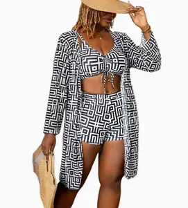 New style women's separate swimsuit top three-piece set with gathered pleated swimsuit and high-waisted swimming pants