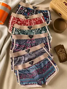 6pcs Men'S Breathable Quick-Dry Boxer Briefs - Ice Sliky Fiber Fabric, High Elasticity Soft Light Beige, Geometric Patterns (Tribal/Plaid/Serrated) for Running, Fitness & Casual Wear, Bold Design Light Beige-Friendly Material, Boxer Shorts, Athletic Under