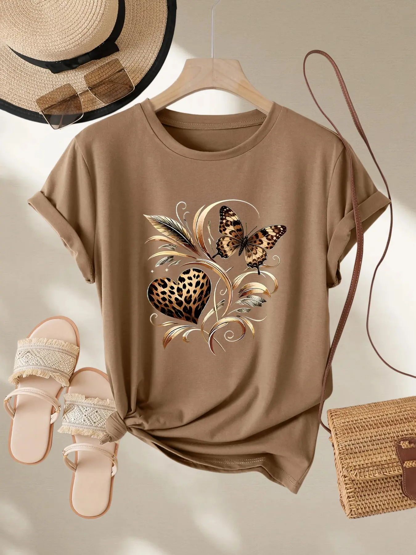 Women's Short Sleeve Casual T-Shirt, Leopard Print Butterfly and Heart Design, Spring Summer Fall Fashion