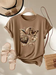Women's Short Sleeve Casual T-Shirt, Leopard Print Butterfly and Heart Design, Spring Summer Fall Fashion