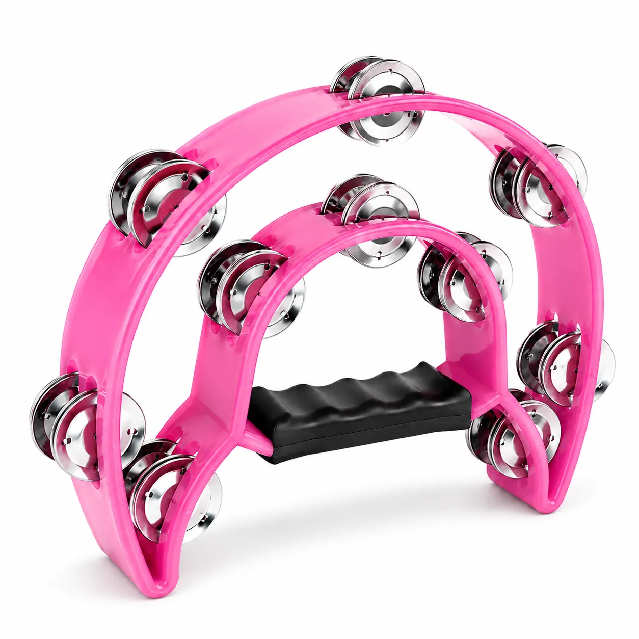Pink Half Moon Tambourine Double Row Metal Jingles Handheld Percussion Musical Instrument Ergonomic Grip for Karaoke Party Dance Music Classroom Rhythm Practice
