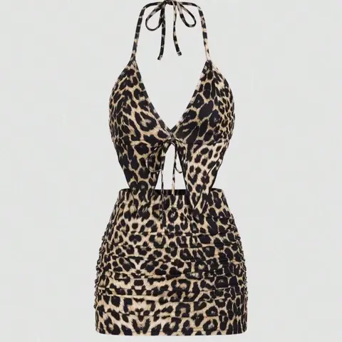 Women's Plain/Leopard Print Halter Neck Crop Top & Elastic High Waist Bodycon Skirt Two-piece Set, Fashion Tie Front Backless Asymmetrical Hem Top & Ruched Mini Skirt, Ladies Summer Clothes Two pieces Outfits