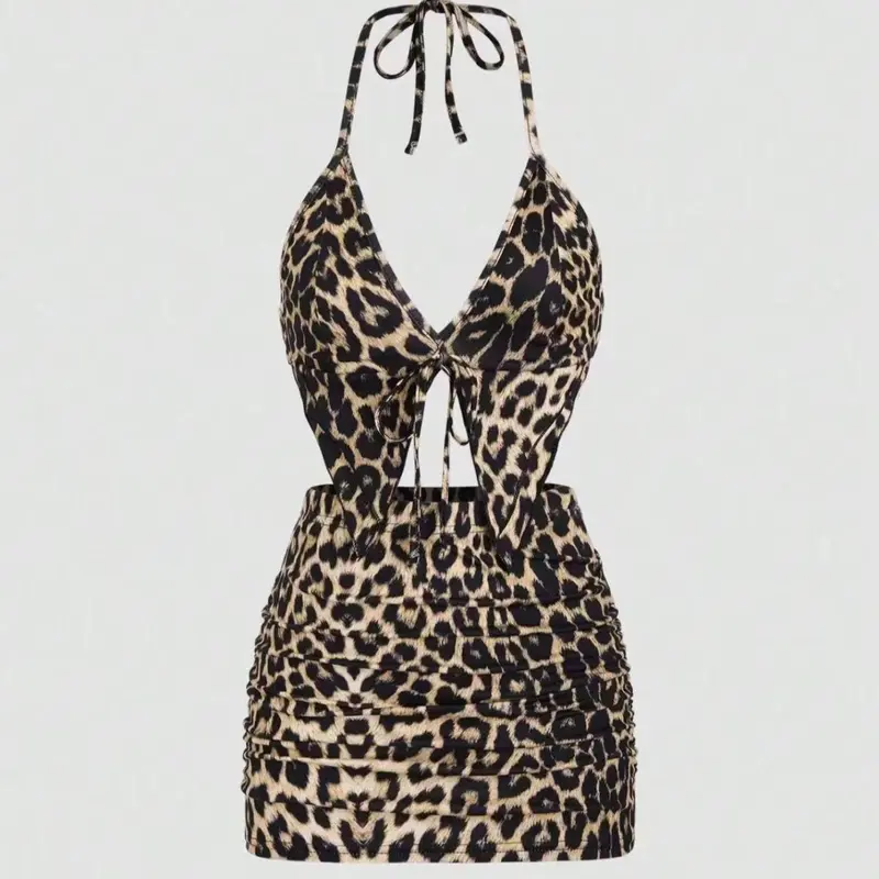 Women's Plain/Leopard Print Halter Neck Crop Top & Elastic High Waist Bodycon Skirt Two-piece Set, Fashion Tie Front Backless Asymmetrical Hem Top & Ruched Mini Skirt, Ladies Summer Clothes Two pieces Outfits