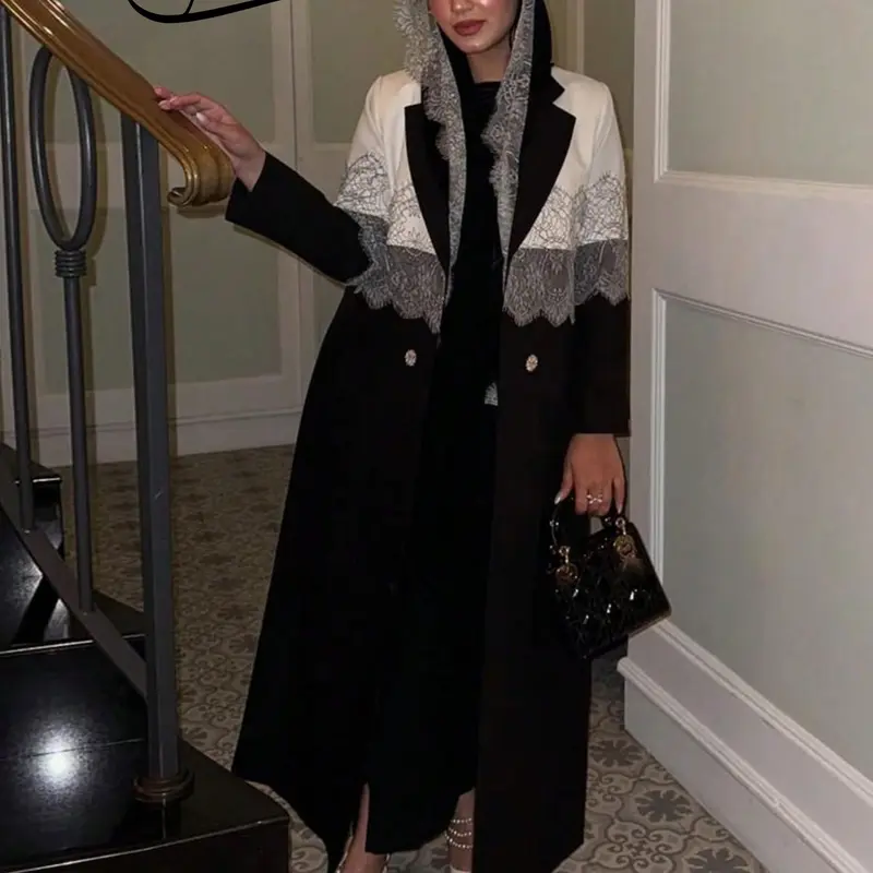 Lace Patchwork Blazer Jackets Coat with Button, Long Sleeve, Elegant Long Cardigan with Scarf, Lady Loose-Fitting Outerwear for All Seasons, Womenswear, Chic, Elegance