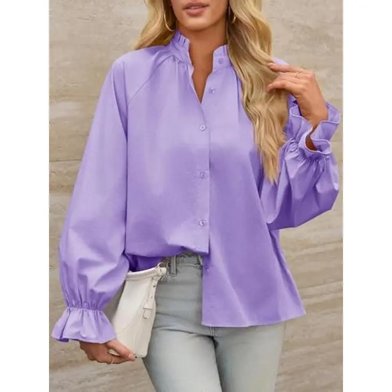 Imily Bela Womens Puff Long Sleeve Button Down Shirts Pleated V Neck Cotton Blouses Loose Fit Casual Ruffle Tops