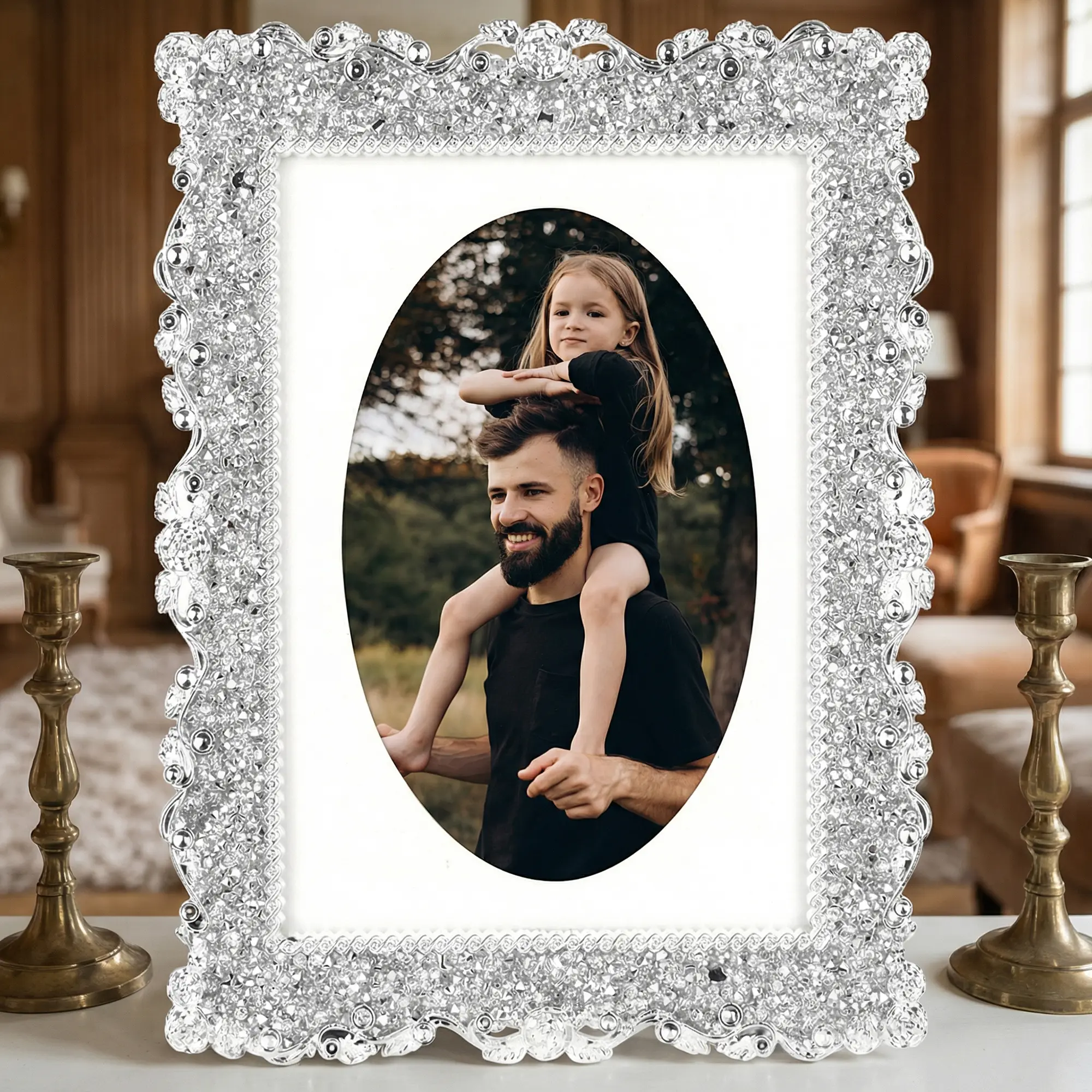 REGALWOVEN Modern Plated Picture Frame with Crystal for Wedding, Shiny Photo Frames with Clear Glass Horizontally or Vertically on the Desk Decor