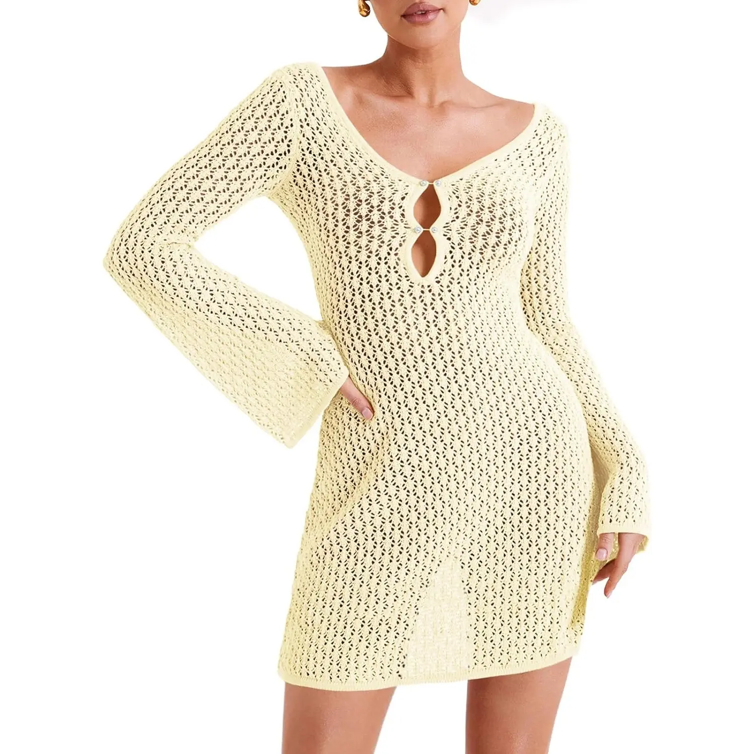 Fisoew Women's Sexy Mesh Cover Ups for Swimsuits, V-Neck Long Sleeve Swimsuit Dress for Summer Resort Wear, Crochet Bikini Coverups, Beachwear Cover Up, Bathing Suit Coverups, Cover Ups Swimsuits