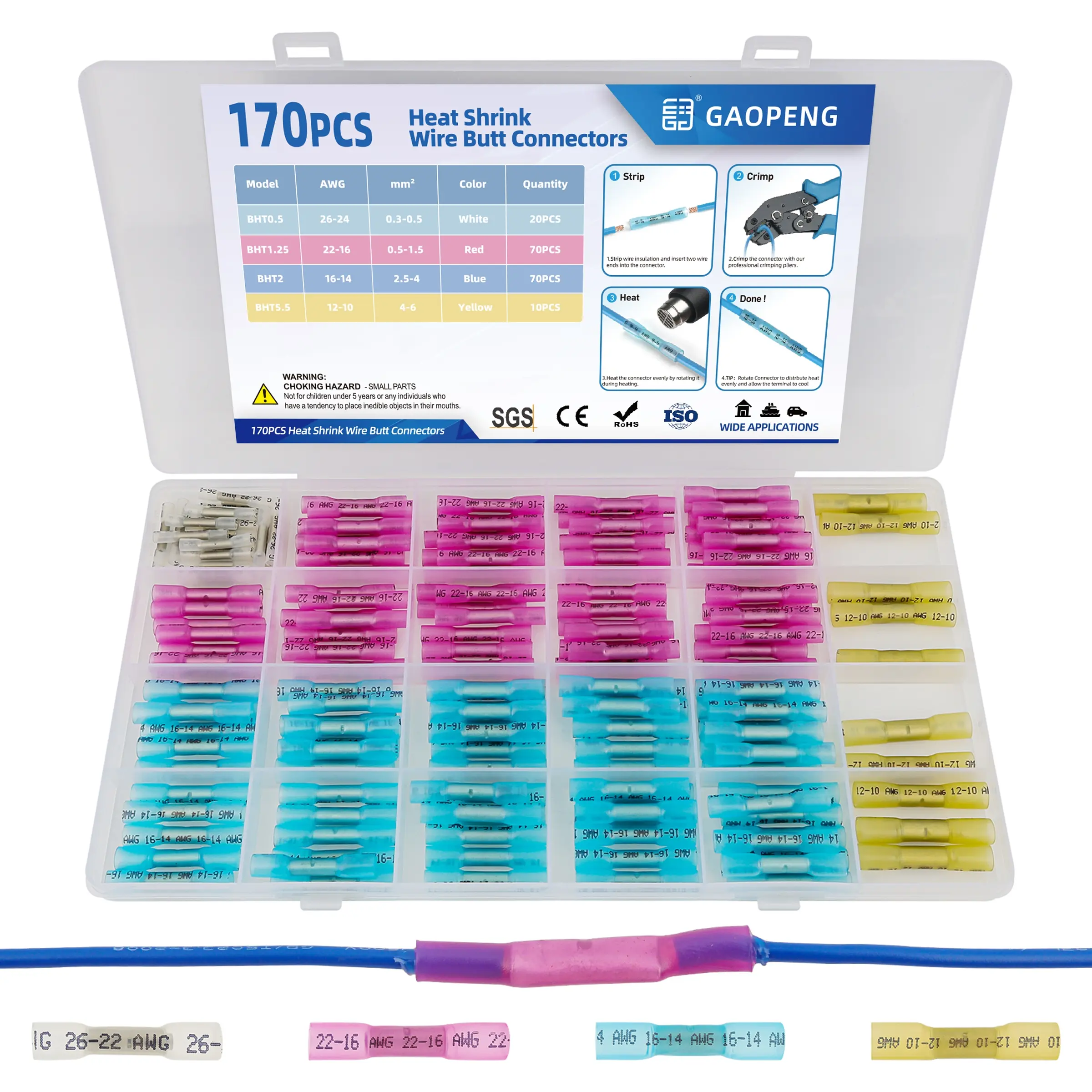 170 Piece Heat Shrink Terminal Connector Kit, Insulated Waterproof Wire Crimp Terminals, Suitable for Boats Cars Awg22-10 (0.5-6mm²), Heat Shrink Connectors