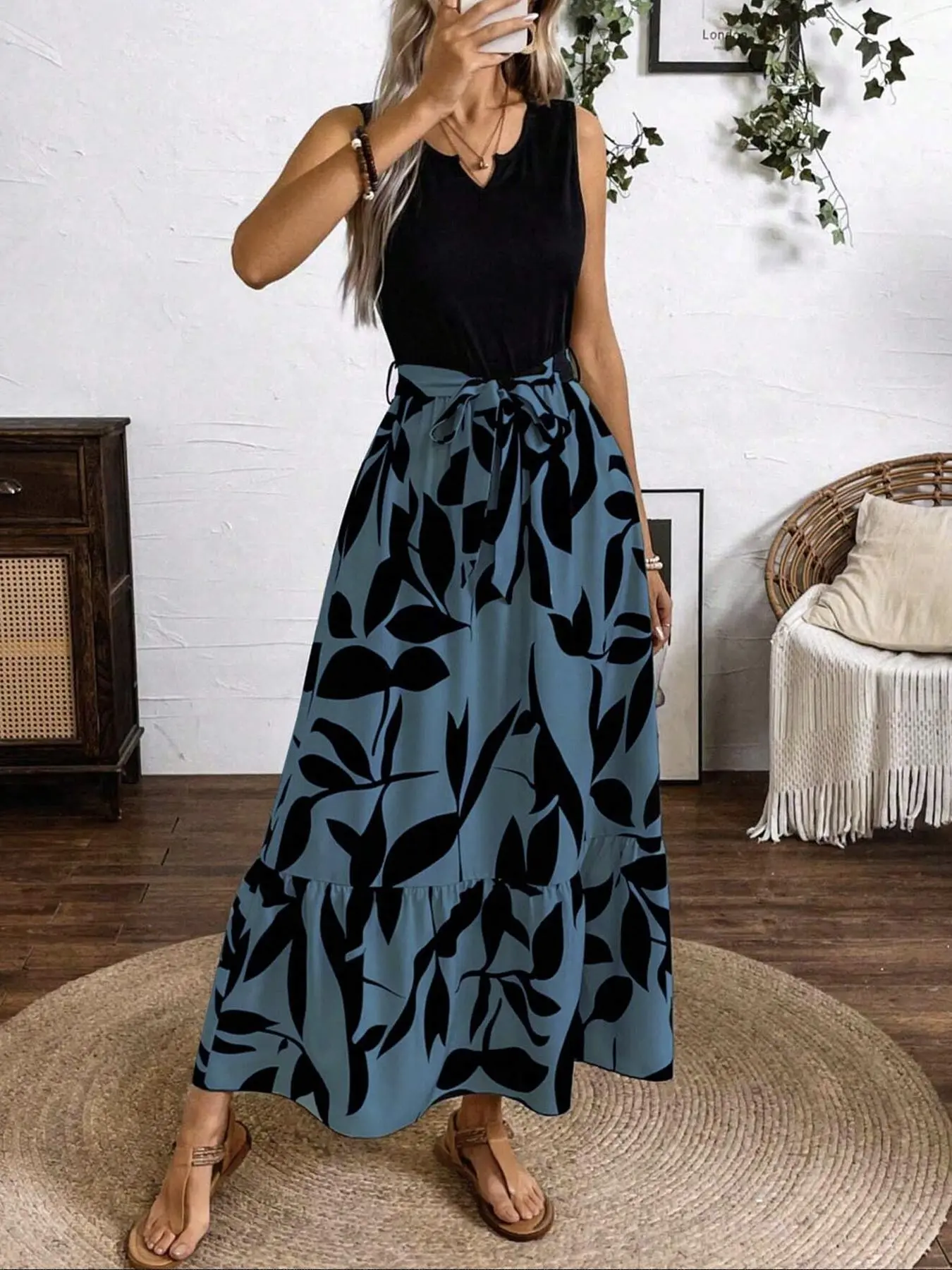 Women's Plants Print Patchwork Dress, Boho Sleeveless Dress for Beach  Holiday Vacation, Ladies Clothes for Summer, Bohemian Ruffle Hem - TikTok  Shop