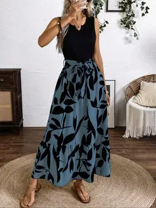 Women's Plants Print Patchwork Dress, Boho Sleeveless Dress for Beach Holiday Vacation, Ladies Clothes for Summer, Bohemian Ruffle Hem