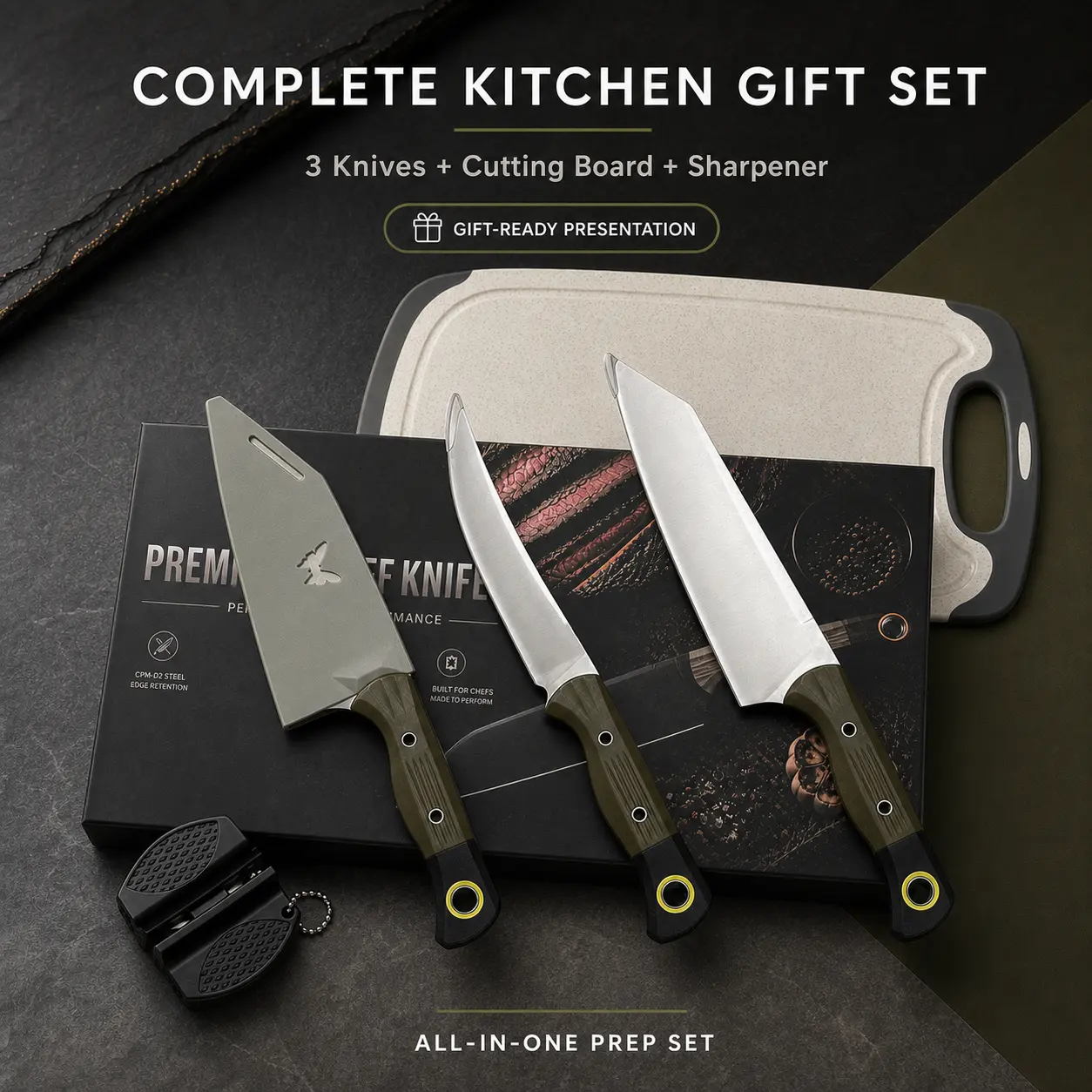5-Piece Stainless Steel Kitchen Knives Set - Sturdy Knives with Ergonomic Grip, Board-Compatible, Home Everyday Use, Premium Gift Box Included, Ideal Adult Gift (Black), Ergo Grip