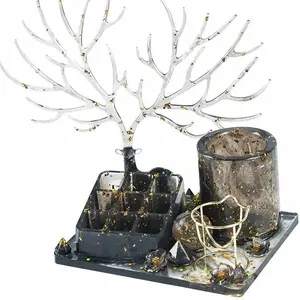 Silicone resin epoxy mold for Set of 9 Makeup cup holders. Jewelry Plate, jewelry holders, Deer Horn jewelry hanger Organiser, sponge egg holder Racks