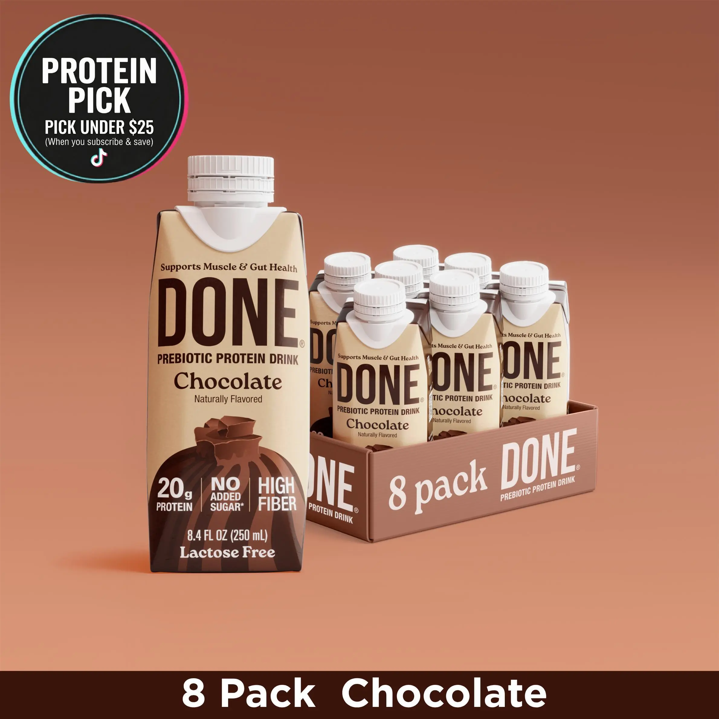DONE Prebiotic Protein Drink - 8 PACK ( 8 BOTTLES) 20g Protein, 6g Fiber, No Added Sugar, Gluten-Free, Lactose-Free, Supports Muscle & Gut Health, Chocolate, Strawberry, Salted Caramel
