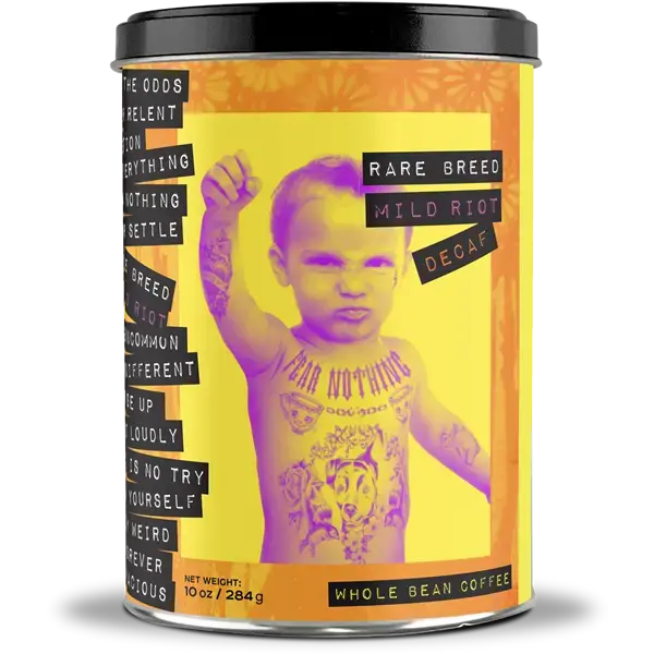 Mild Riot Decaf Mdeium Roast by Rare Breed Coffee, 10oz Reusable Cans - Low Acid & Flavorful Whole Bean Coffee
