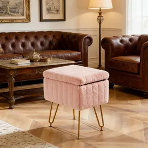 Vanity Stool Chair with Storage, Faux Fur Soft Padded Makeup Ottoman, Modern Small Footstool with 4 Metal Legs & Adjustable Anti-Slip Feet for Bedroom Entryway Dormitory,