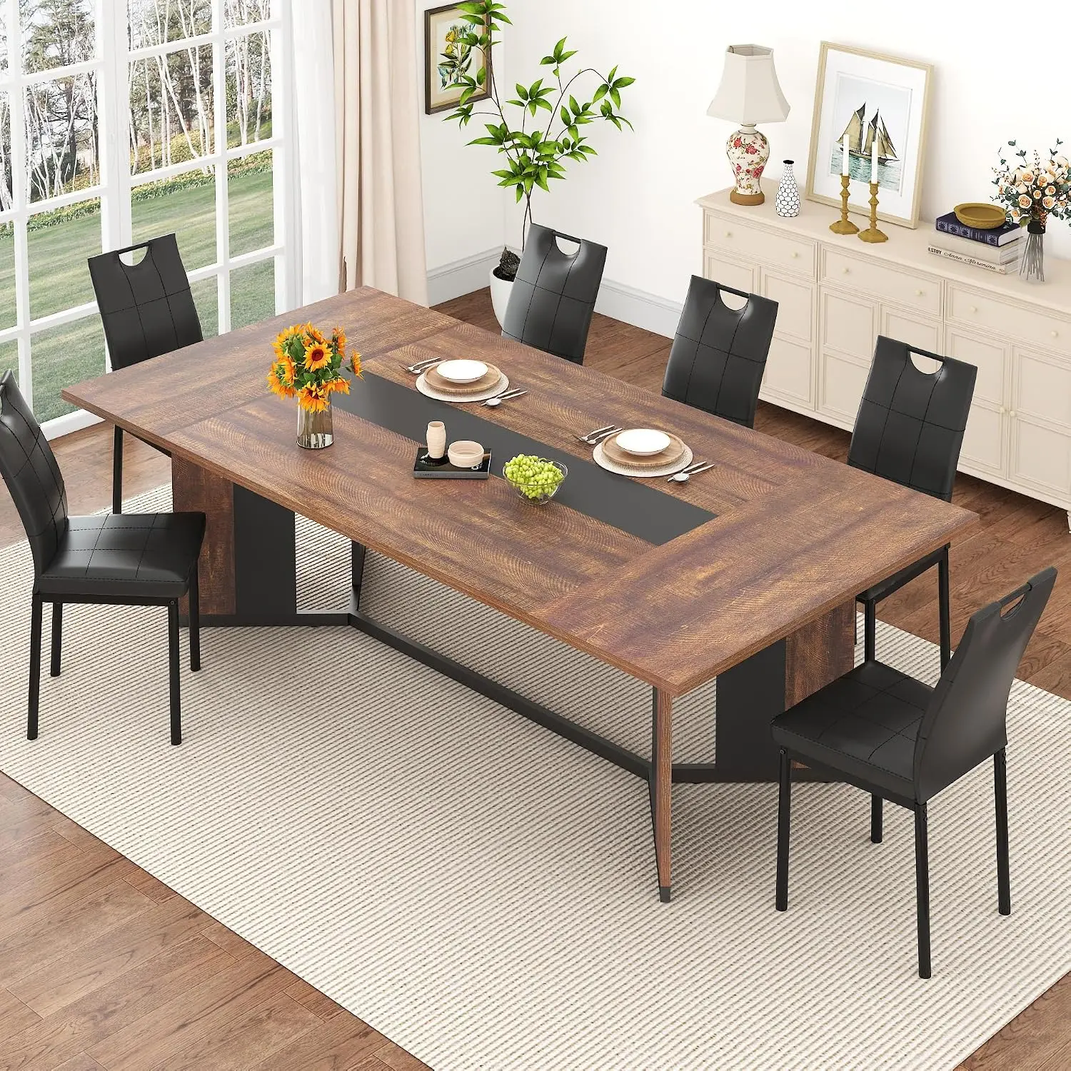 Brown Large Luxurious Rectangular Dining Table for 4 6 8 10 People, Modern Kitchen Table with Wood-Color Wood Tabletop, Metal Adjustable Leg, Family Dinner Table for Kitchen Living Room