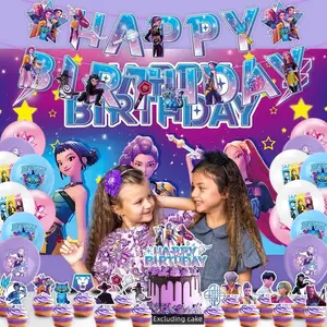 Popular Hunting Girl Group Cute Cartoon Birthday Party Decoration Set, Music Fan Party Decoration Flag, Happy Birthday Banner Background, Banner Balloon Hanging Card Set, Cake Top Decoration, Birthday Party Supplies