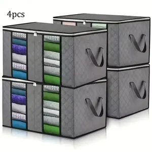 4 Pack Large Clothes Storage Bags with Clear Window, Reinforced Handle Storage Organizers for Blankets Comforters Bedding, Thick Fabric Closet Organizers and Storage