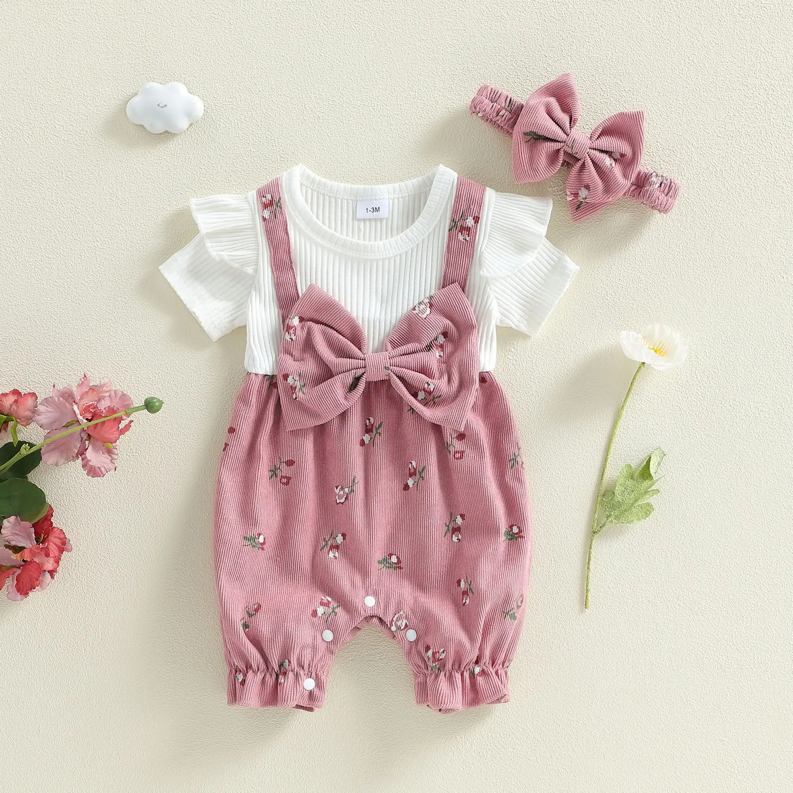 Baby Girl Summer Outfit Floral Fake Two-Piece Short Sleeve Jumpsuit and Bow Headband 2 Piece Set
