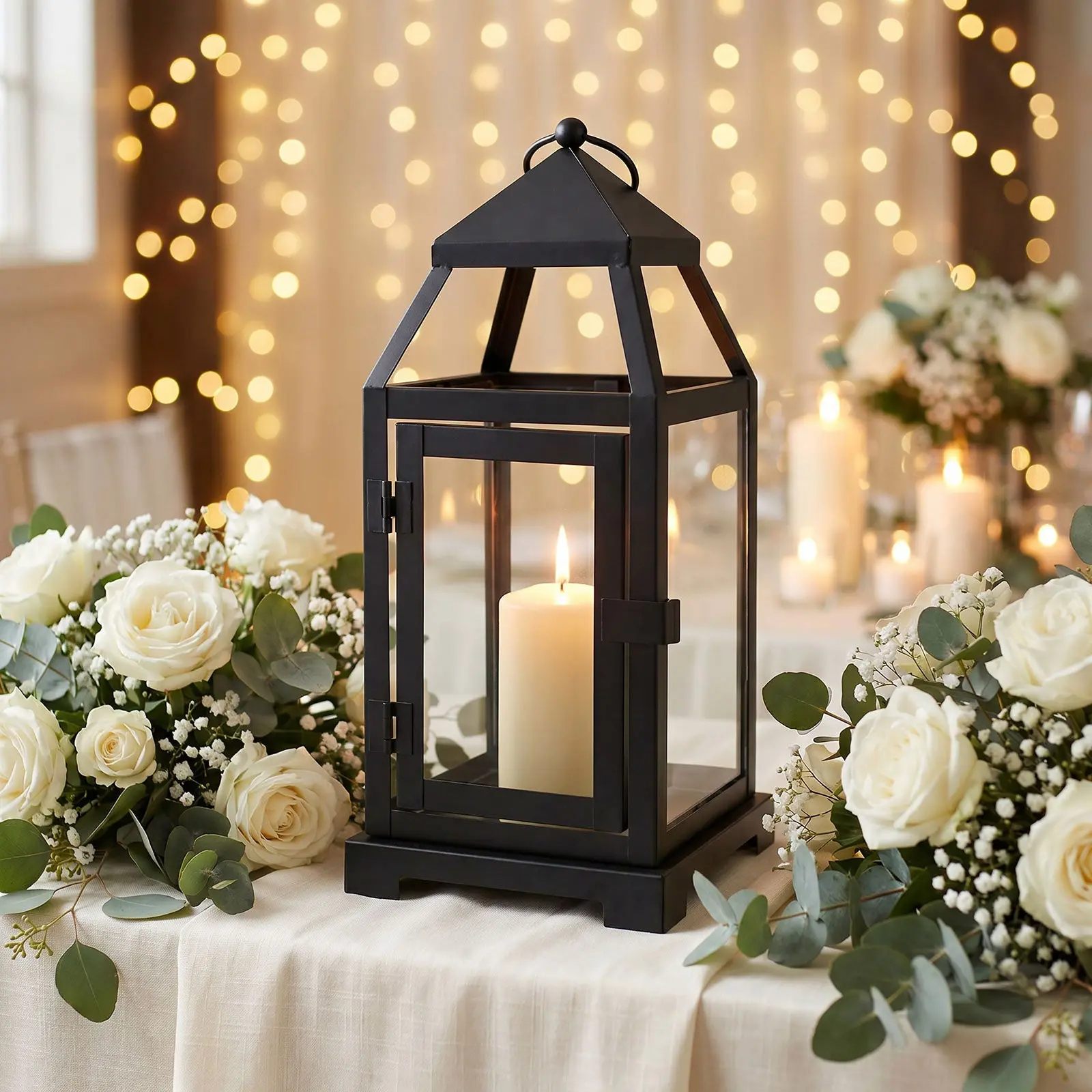 Black Metal Candle Lantern with Glass Panels - 11" Decorative Vintage Lantern Centerpiece with Top Hanging Ring