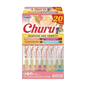 INABA Churu Cat Treats, Lickable, Squeezable Creamy Purée Cat Treat with Green Tea Extract & Taurine, 0.5 Ounces Each Tube, 20 Tubes, Seafood Variety Box