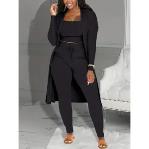 Seryl Deer Women's Black Plain Long Sleeve Open Front Cardigan Tie Front Leggings & Sleeveless Cropped Top Set Casual Elegant Cozy Breathable Fall Outfits