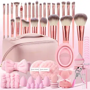 Professional 54-Piece Pink Makeup Brush Kit - Includes 25 Pcs Premium Synthetic Brushes, Portable Cosmetic Bag, Beauty Sponge, Makeup Puffs, Headband, Wristbands, Soft Polyester Towels, Cleaning Tools & Eye Makeup Accessories, Facial Makeup Kit for Women
