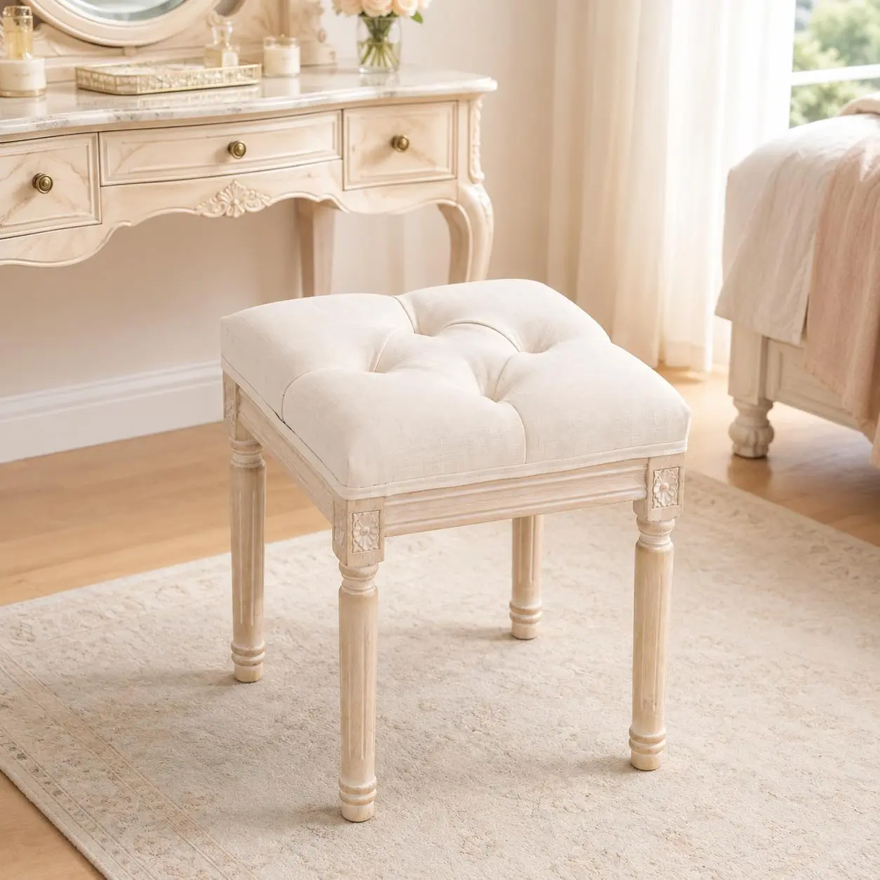 Beige Upholstered Vanity Stool, Tufted Linen Makeup Bench Seat with Carved Legs, Small Backless Dressing Stools for Vanity Bathroom Bedroom