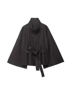 Women's Loose Belted Stand Collar Long Sleeve Single Button Solid Color Cape Coat, Stylish and Comfortable Outerwear for All Seasons
