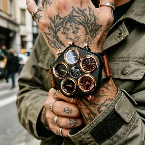 Men's Multi-Time Zone Watch, Dual Time Wristwatch, Fashionable Street Style, Fashionable Watches, Large Analog Face, Analog Quartz Watch, Alloy Case, Button Cell Battery, Gift Box Included