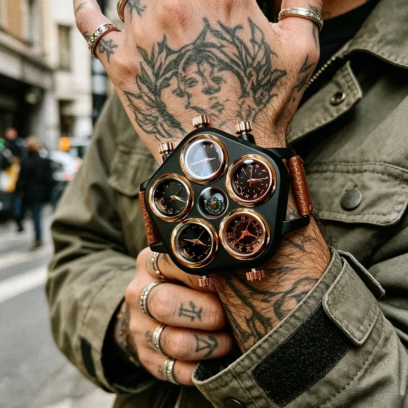 Men's Multi-Time Zone Watch, Dual Time Wristwatch, Fashionable Street Style, Fashionable Watches, Large Analog Face, Analog Quartz Watch, Alloy Case, Button Cell Battery, Gift Box Included